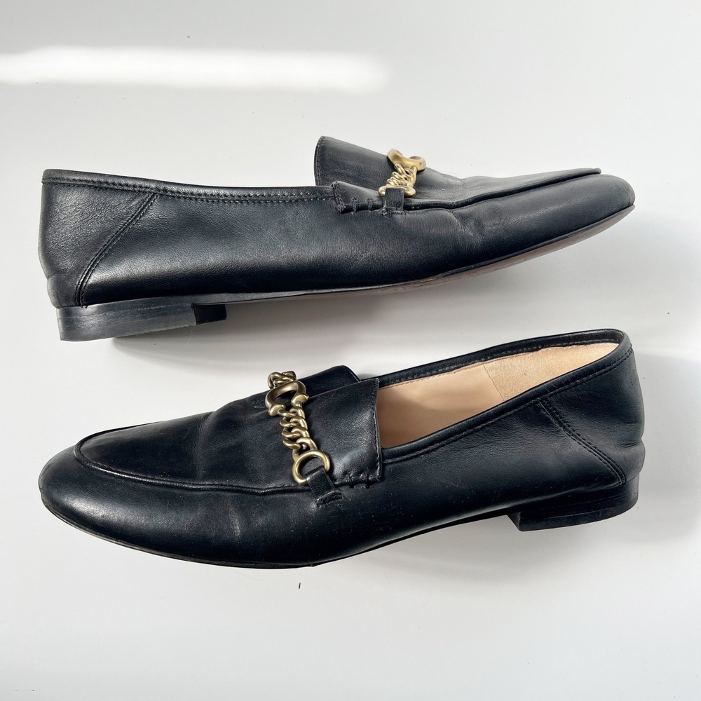 Coach Helena Loafers Size 8 Black Leather Gold Chain Link C Logo Flats Shoes - Picture 3 of 11